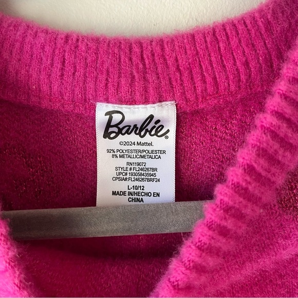 Barbie Fuzzy Pink Sweater Metallic Logo Print Girls Size L 10/12 Y2K Barbiecore - Picture 3 of 10